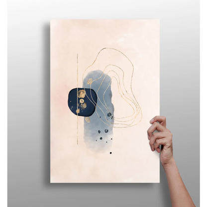 Modern navy blue gold abstract aluminum wall art print with peach watercolor and gold leaf accents