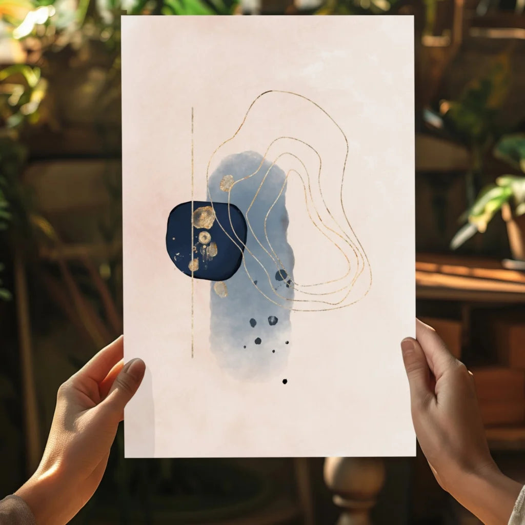 Navy blue and gold abstract watercolor print on cream paper, aluminum wall art