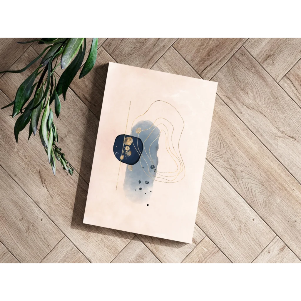 Beige abstract canvas with navy blue gold splatter and delicate lines