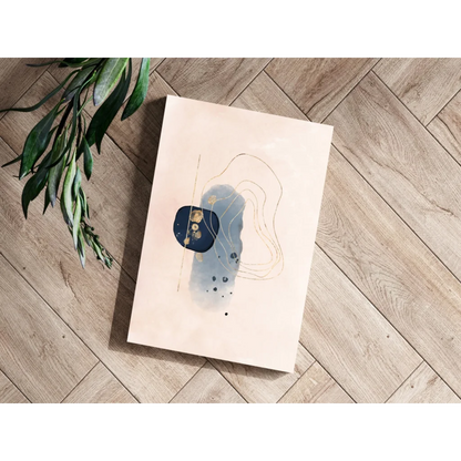 Beige abstract canvas with navy blue gold splatter and delicate lines