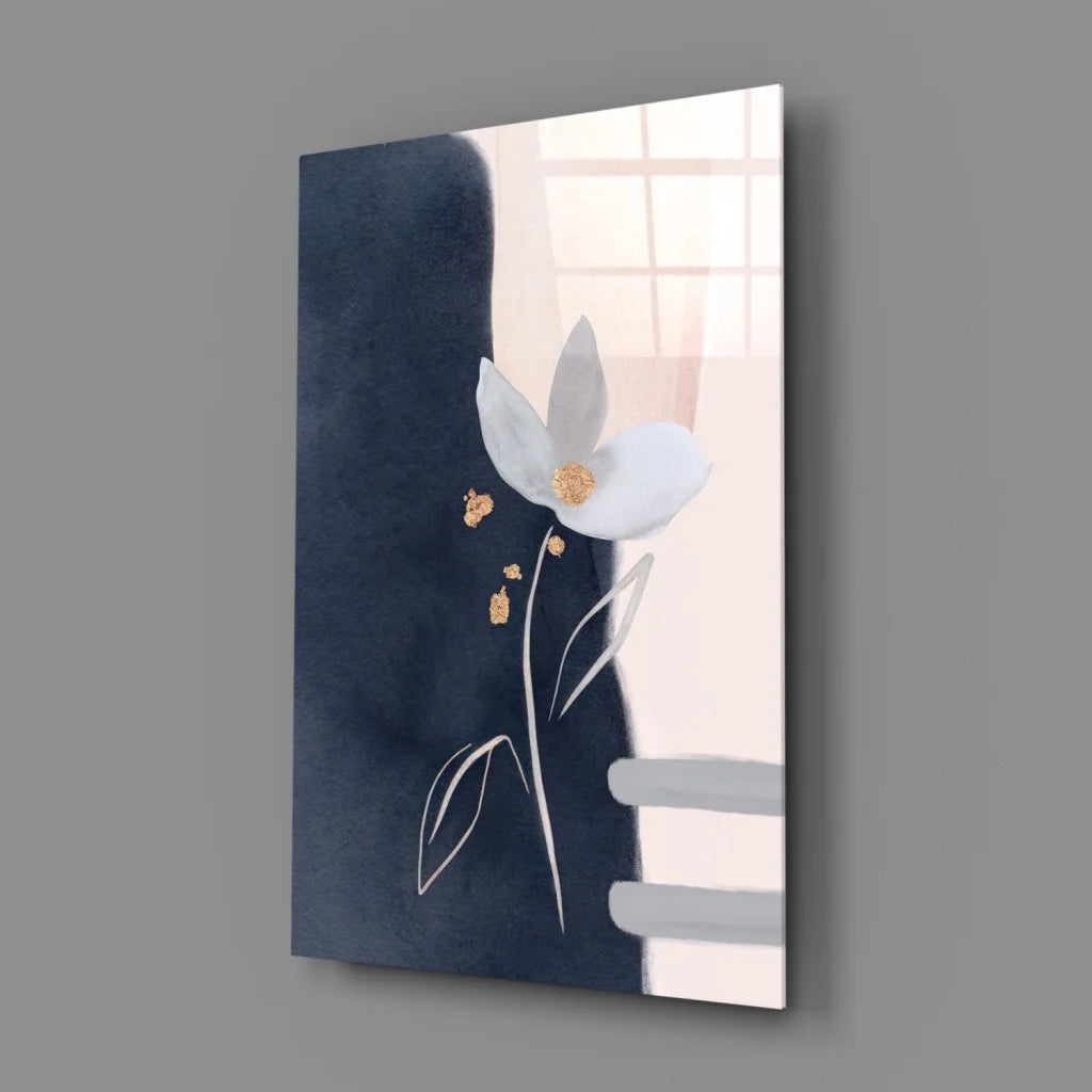 Minimalist navy blush abstract floral glass wall art with gold accents