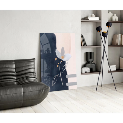 Modern abstract floral glass wall art with white flower, gold accents on navy blush backdrop