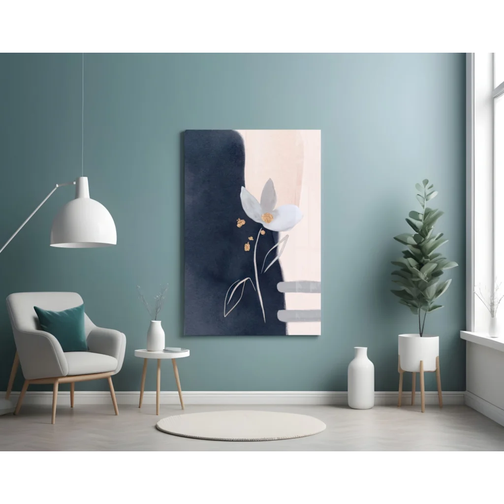 Navy blush abstract floral glass wall art with gold accents