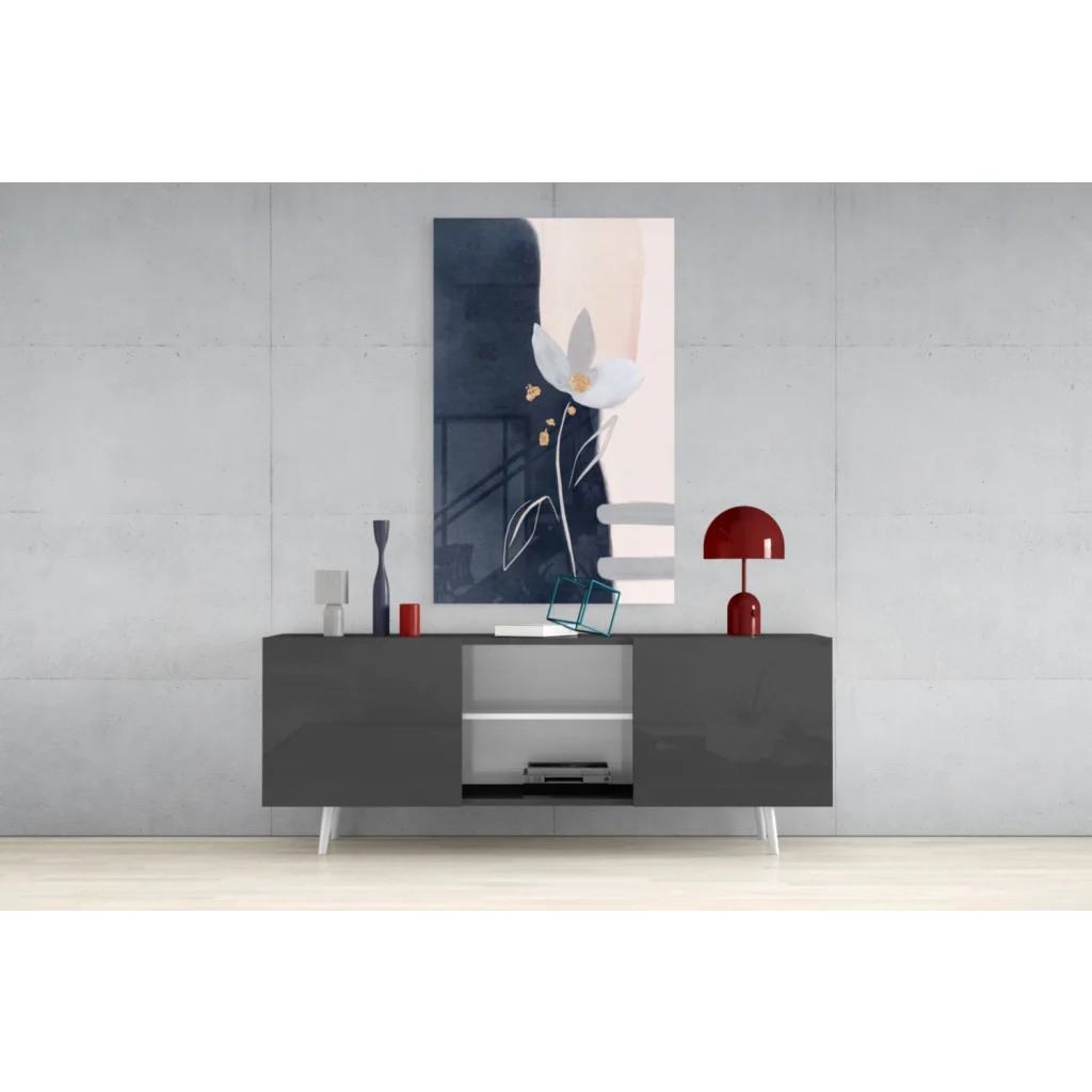 Abstract floral glass wall art with white flower, gold accents on navy background