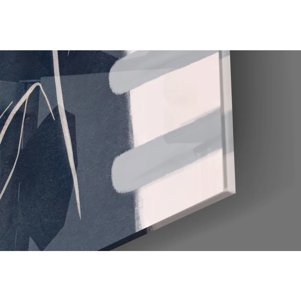 Minimalist navy glass wall art with bold white strokes and gold floral accents
