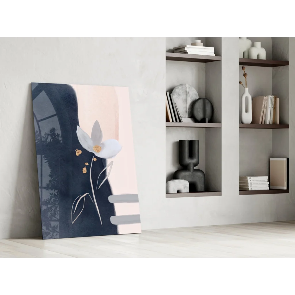 Modern Navy Blush Abstract Floral Glass Wall Art with Gold Accents