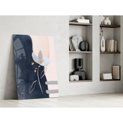 Modern Navy Blush Abstract Floral Glass Wall Art with Gold Accents