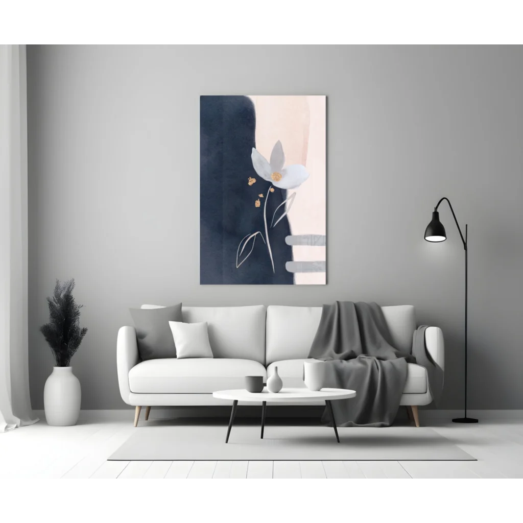 Abstract floral glass wall art with white flower, gold accents on navy blush background