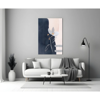 Abstract floral glass wall art with white flower, gold accents on navy blush background