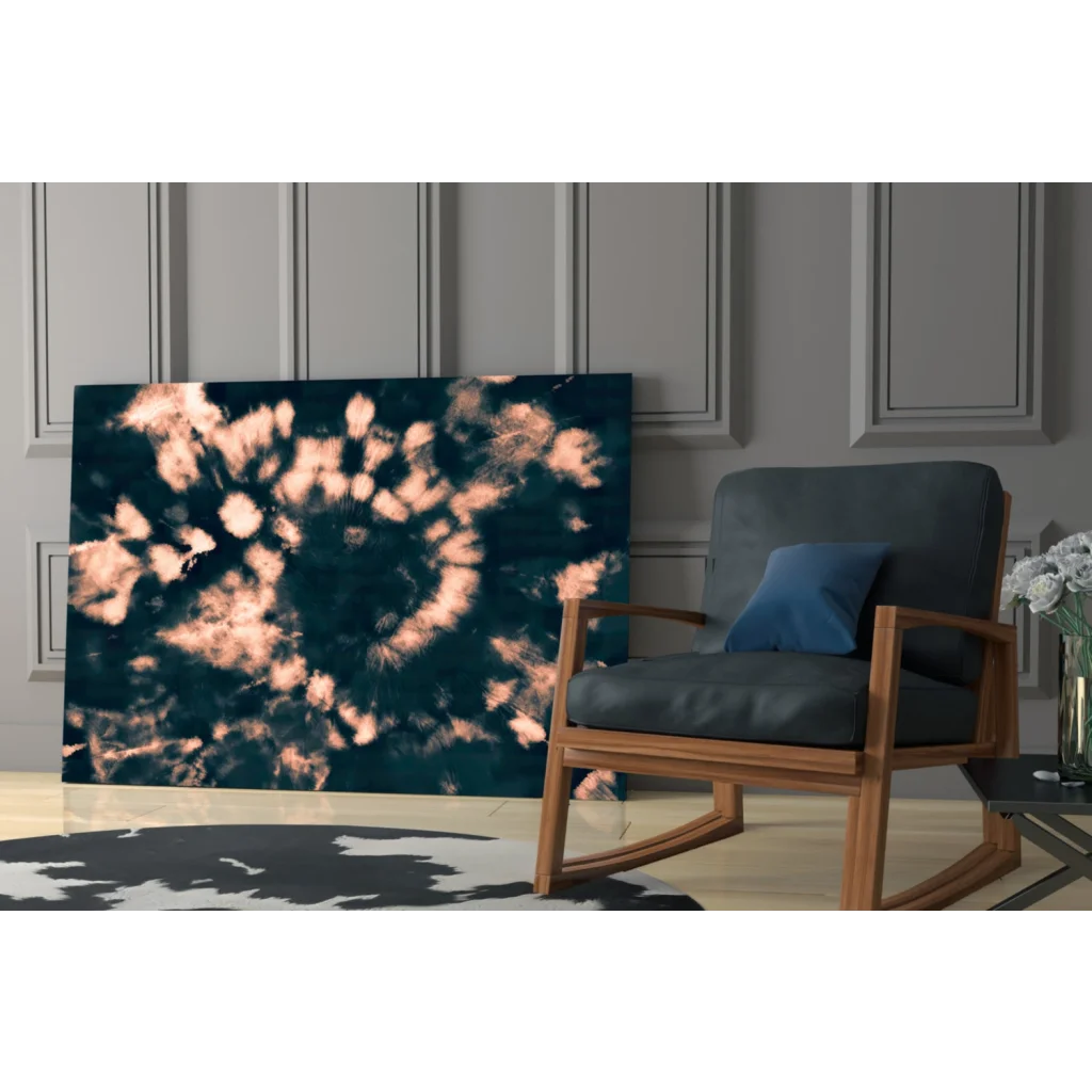 Abstract navy copper tie-dye swirl canvas wall art on gray wall
