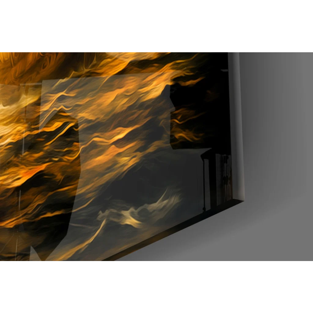 Sleek TV with swirling golden black patterns on blazing naval battle wall art