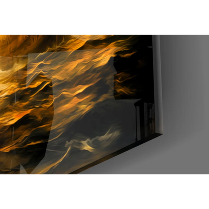 Sleek TV with swirling golden black patterns on blazing naval battle wall art