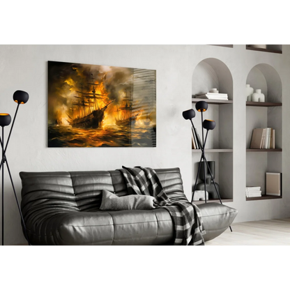 Dramatic fiery naval battle canvas wall art on gray sofa