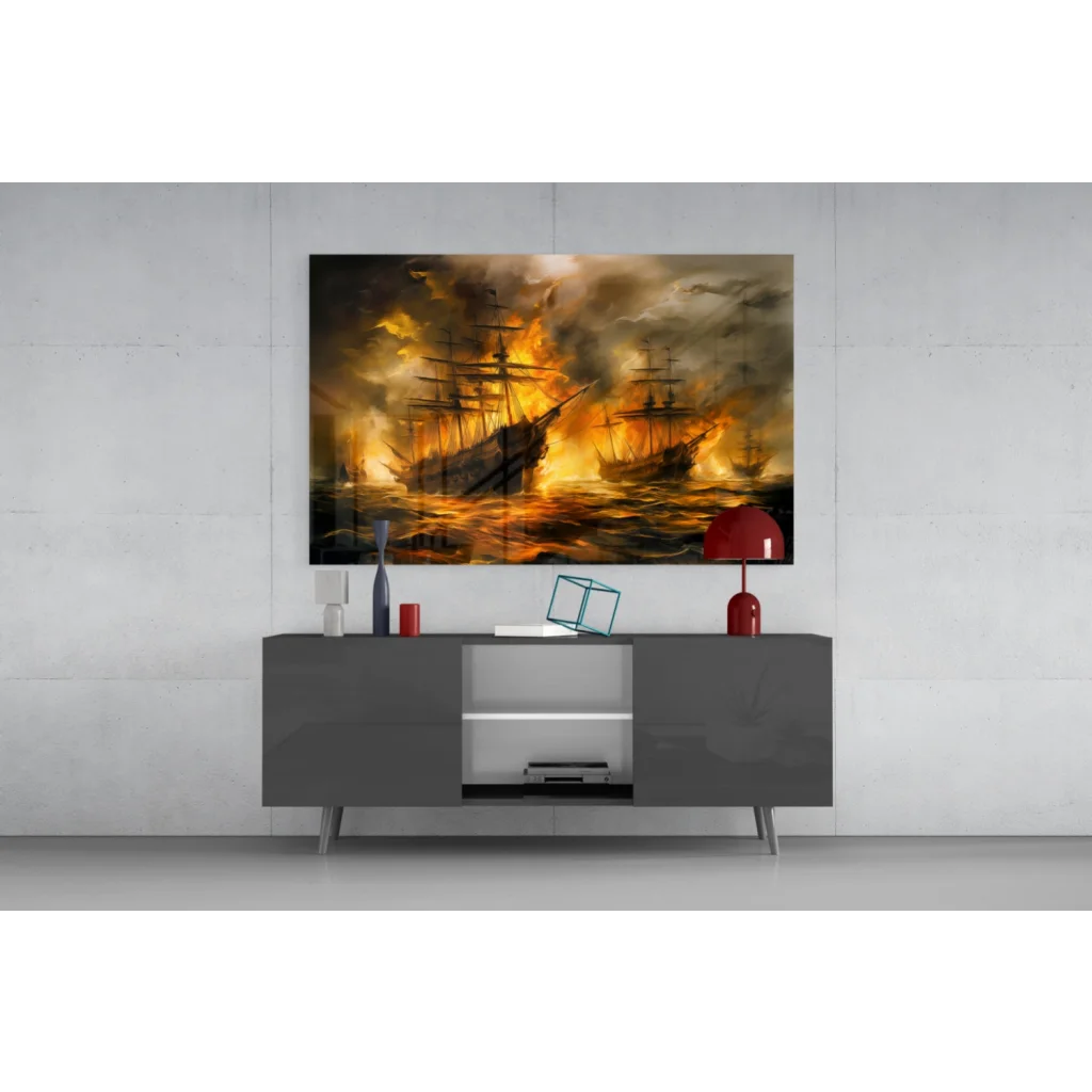 Fiery naval battle canvas wall art print with silhouetted ships