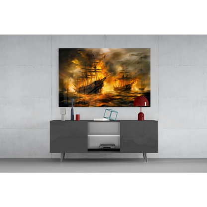 Fiery naval battle canvas wall art print with silhouetted ships