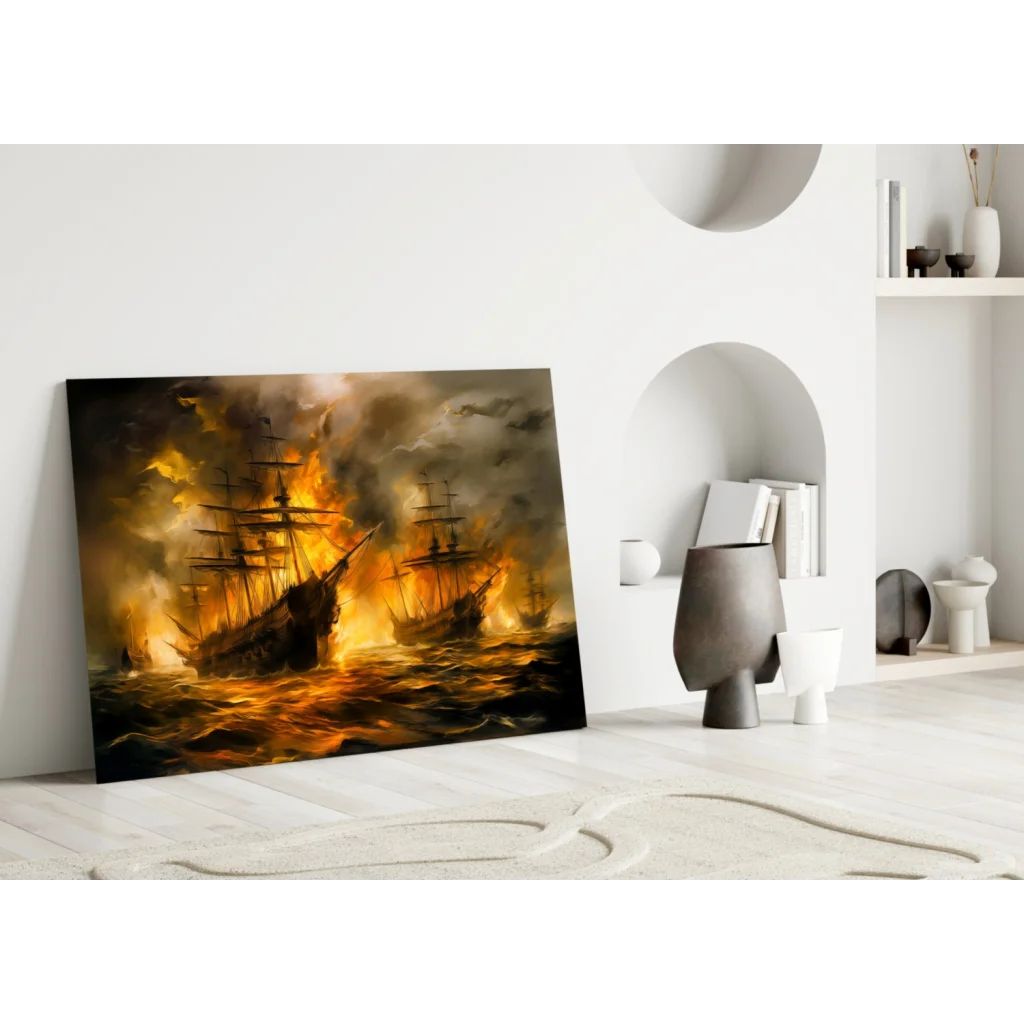 Fiery naval battle canvas wall art print with blazing ships