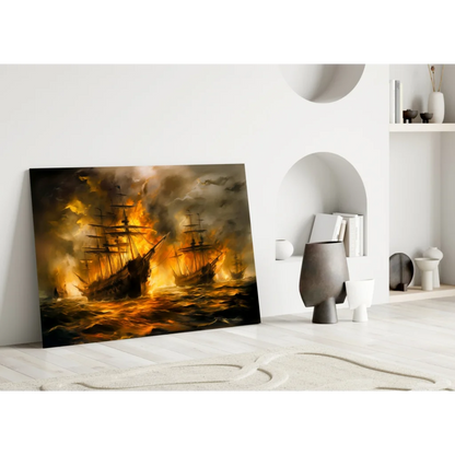 Fiery naval battle canvas wall art print with blazing ships
