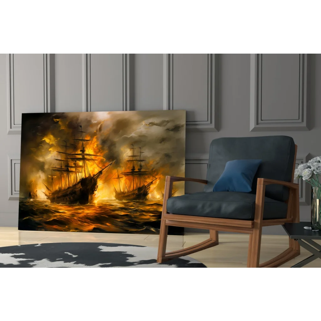 Fiery naval battle canvas wall art print of burning ships on turbulent sea