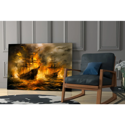 Fiery naval battle canvas wall art print of burning ships on turbulent sea
