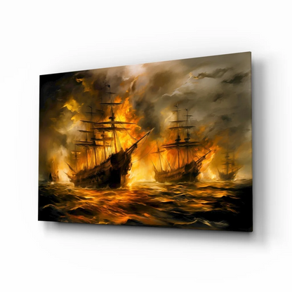 Fiery naval battle ships in flames, blazing wall art canvas print
