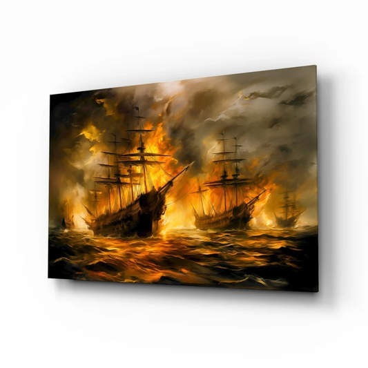 Fiery naval battle ships in flames, blazing wall art canvas print