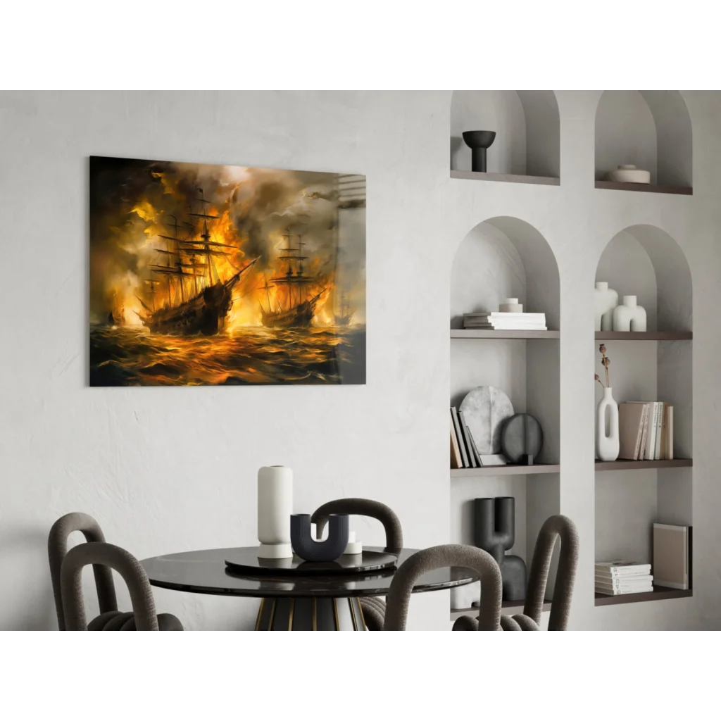 Fiery naval battle canvas wall art print on white wall