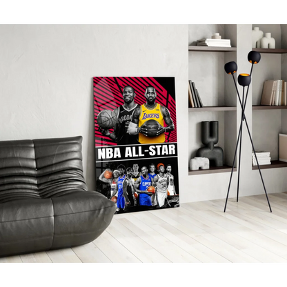 Vibrant NBA All-Star glass wall art with red and black basketball players