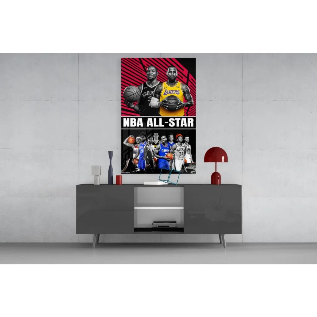 NBA All Star Glass Wall Art with players in jerseys on red background