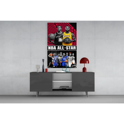 NBA All Star Glass Wall Art with players in jerseys on red background