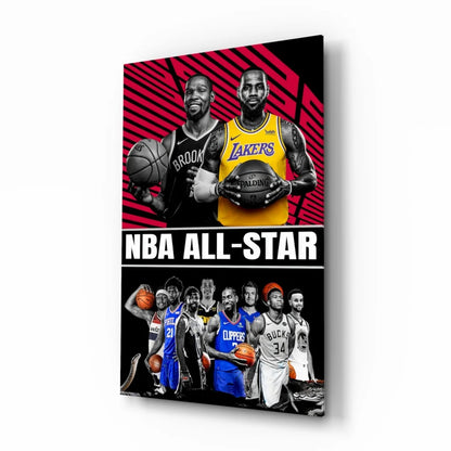 NBA All Star glass wall art canvas print with players on red background
