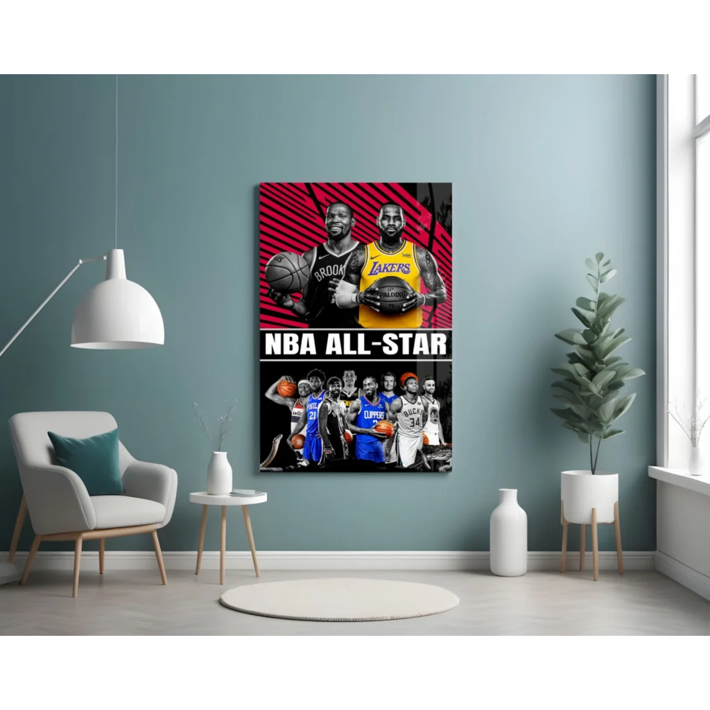 NBA All-Star glass wall art with players in jerseys on red background