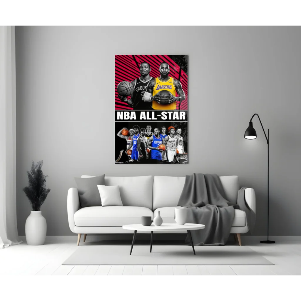 NBA All Star glass wall art canvas print with players on red background