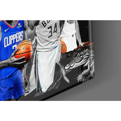 Vibrant NBA All Star glass wall art canvas print with red background