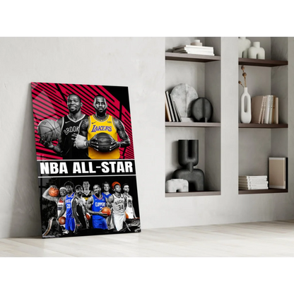Vibrant NBA All Star glass wall art canvas print on red background