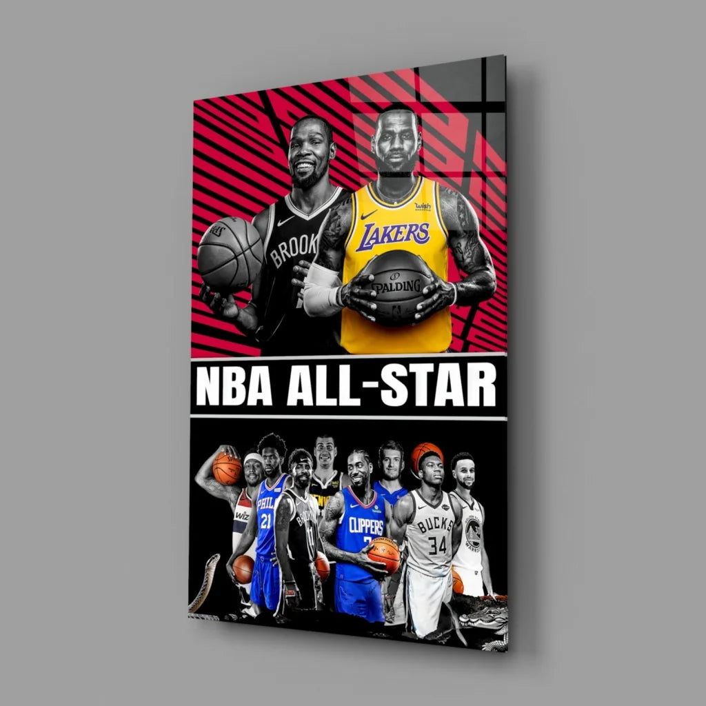 Vibrant NBA All Star glass wall art canvas print on red background