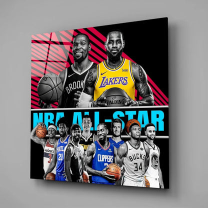 NBA All-Star glass art with vibrant team jerseys on tempered glass