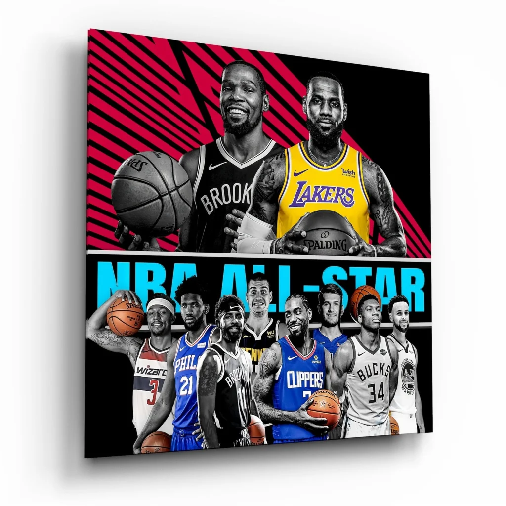 Vibrant NBA All-Star tempered glass art with team jerseys