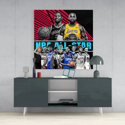 Vibrant NBA All-Star glass art with team jerseys on tempered glass