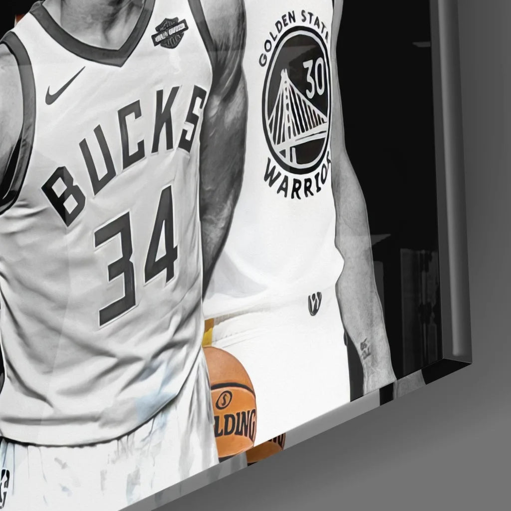 Vibrant NBA All-Star tempered glass art with Bucks and Warriors jerseys
