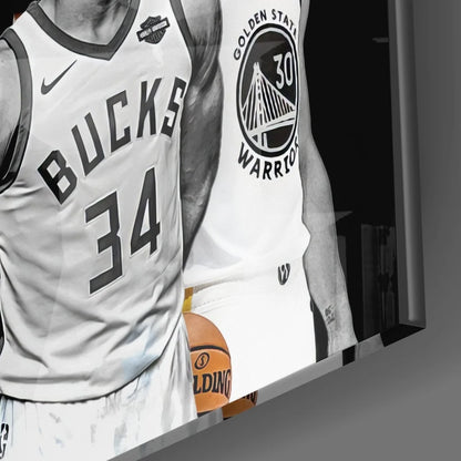Vibrant NBA All-Star tempered glass art with Bucks and Warriors jerseys