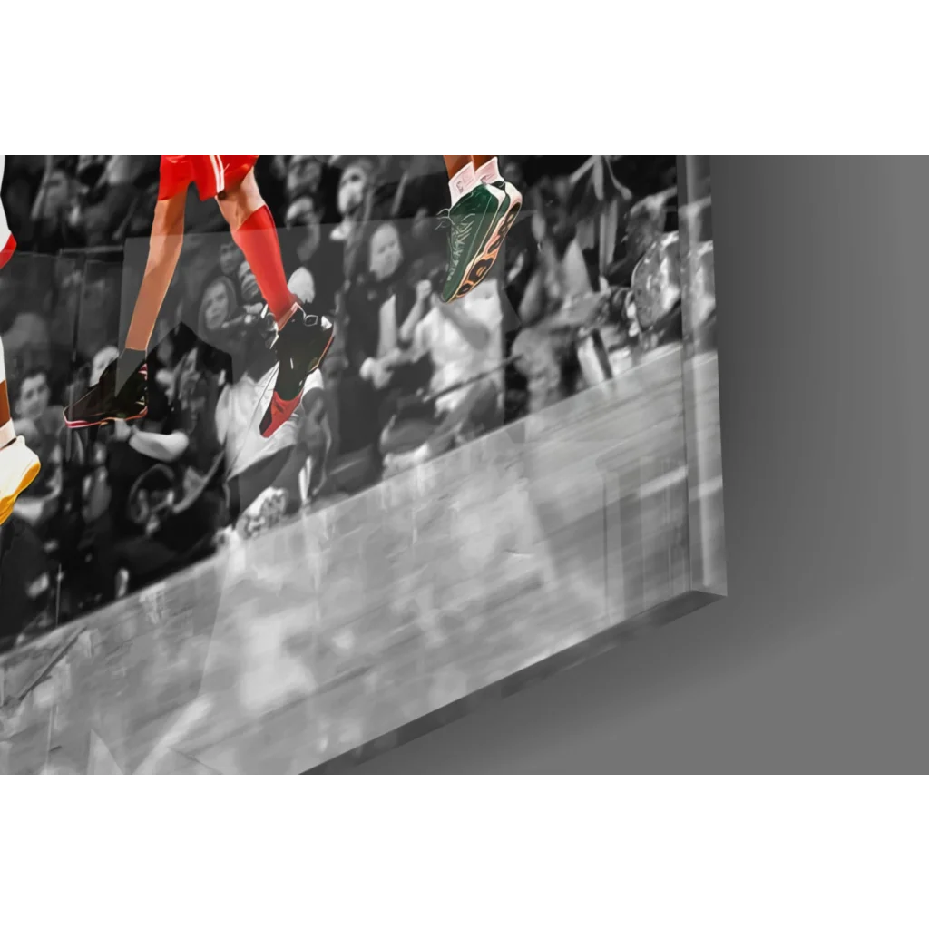 Dynamic basketball player mid-air canvas wall art with glossy finish