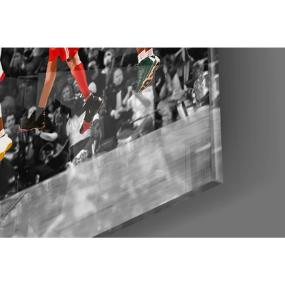 Dynamic basketball player mid-air canvas wall art with glossy finish