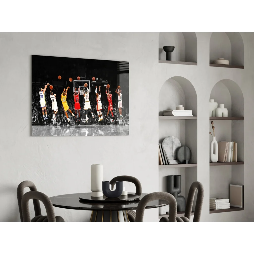 Dynamic black-and-white basketball players in iconic jerseys on glossy wall art canvas
