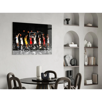 Dynamic black-and-white basketball players in iconic jerseys on glossy wall art canvas