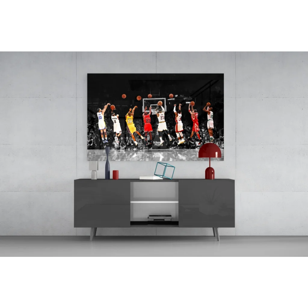 Vibrant basketball action wall art canvas print in glossy finish