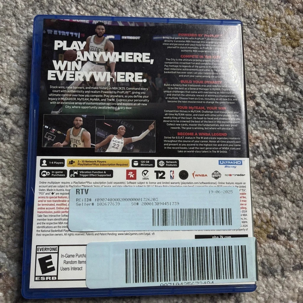Blue NBA 2K25 PS4 game case with player in white jersey for PS5