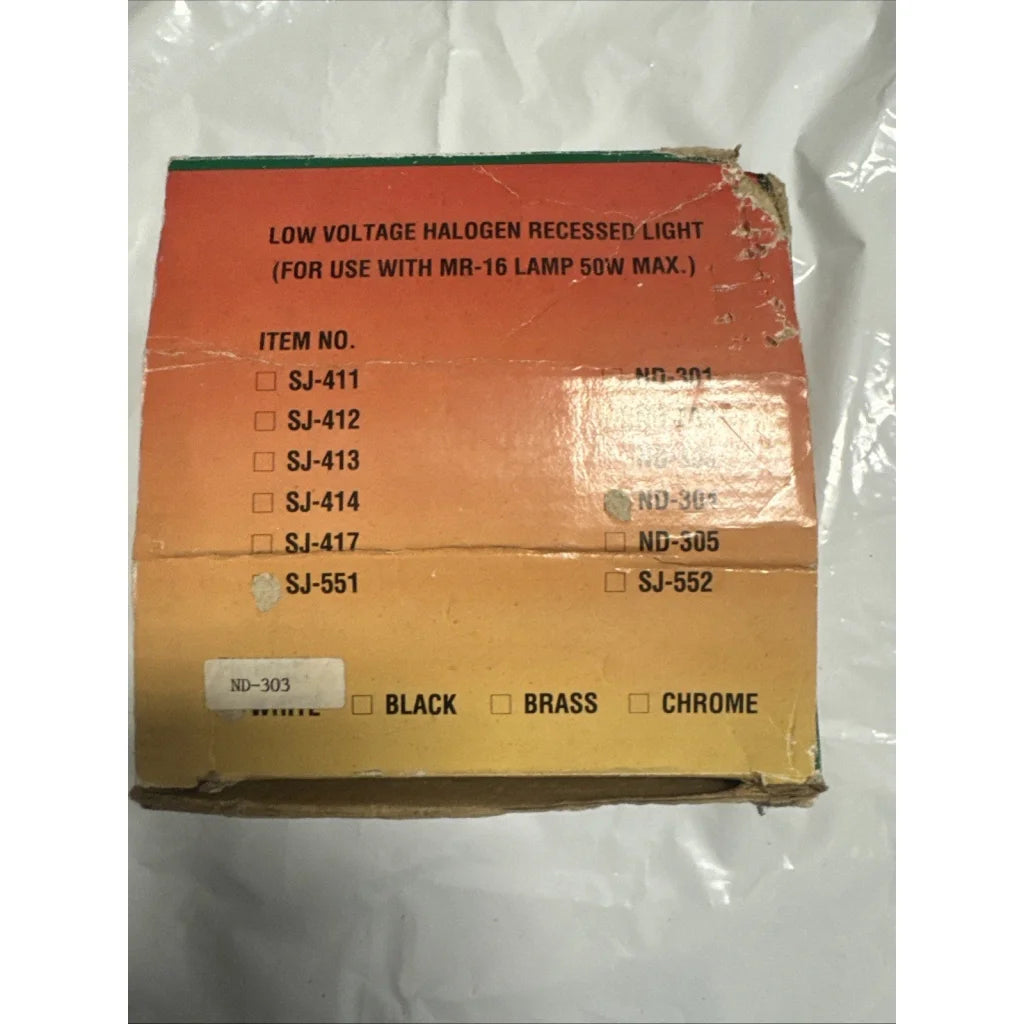 ND-303 low voltage halogen recessed light fixture in orange beige box