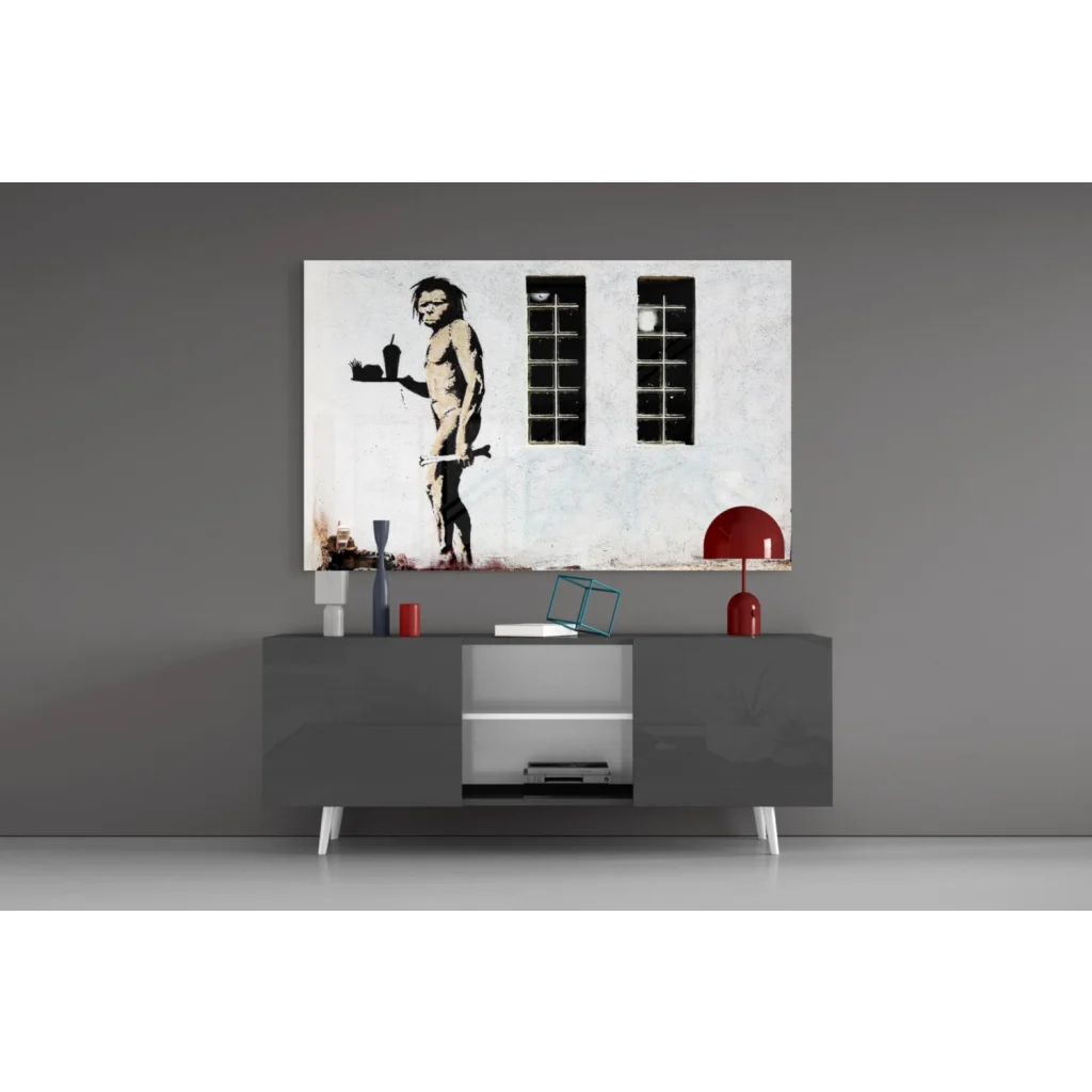 Banksy Evolution Ape black white wall art print with nude stencil figure