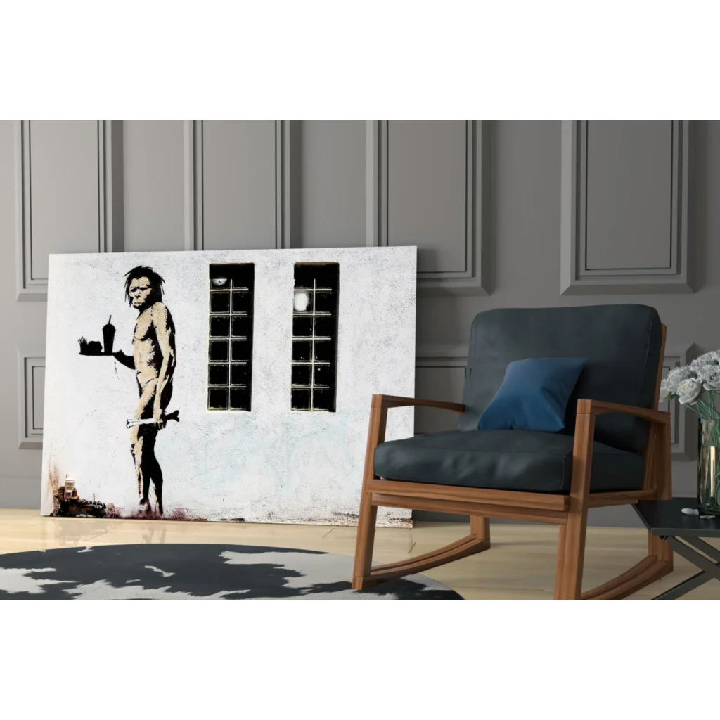 Banksy black white wall art canvas print of ape figure with drink and weapon