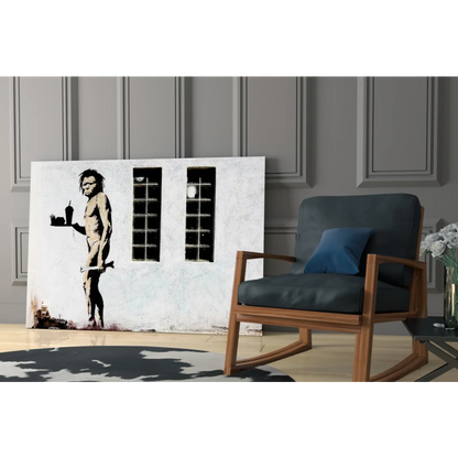 Banksy black white wall art canvas print of ape figure with drink and weapon